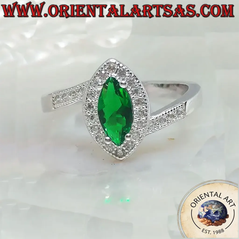 Asymmetric Marquise Synthetic Emerald Silver Ring	Oriental Art