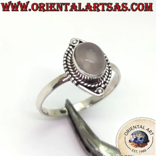 Ring aus 925er Silber mit ovalem natürlichen Rosenquarz-Edelstein und filigraner Kugelrand-Verzierung