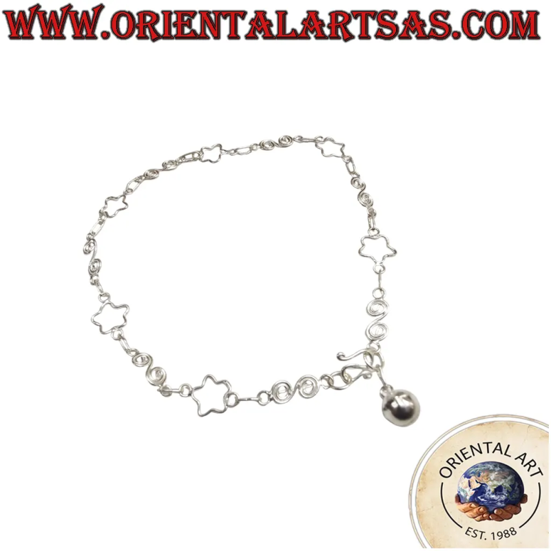 Silver anklet with openwork stars and alternating spirals and a bell