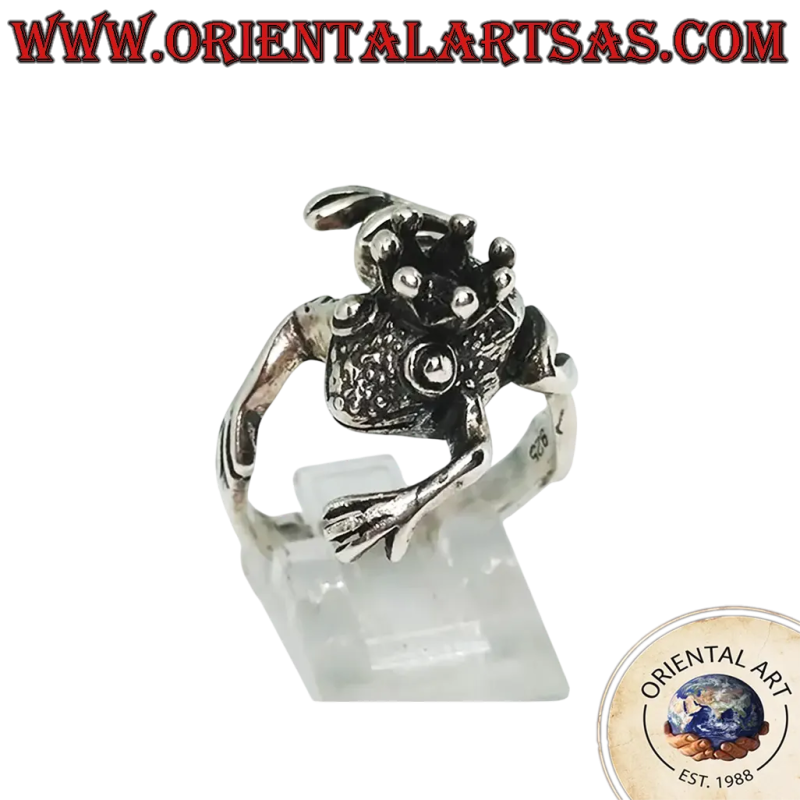 Bague grenouille avec couronne en argent 925 bruni, symbole de transformation et renouveau