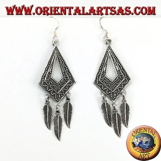 925 Sterling silver chased diamond earrings with three dangling feathers, Native American style