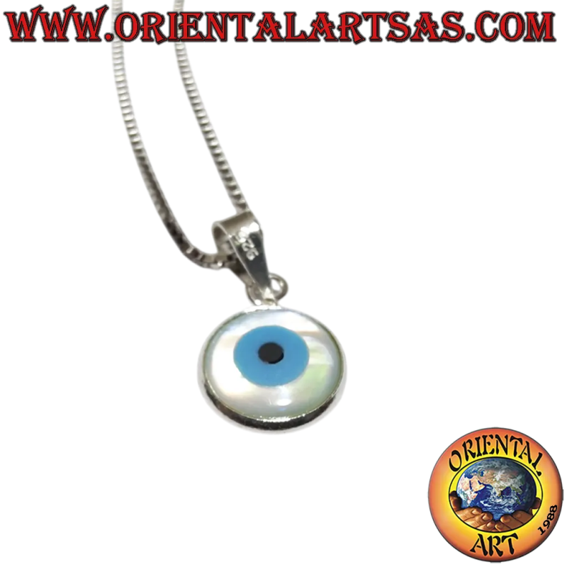 Pendentif Argent 925 Oeil Grec Bleu et Nacre 8mm 	Oriental Art