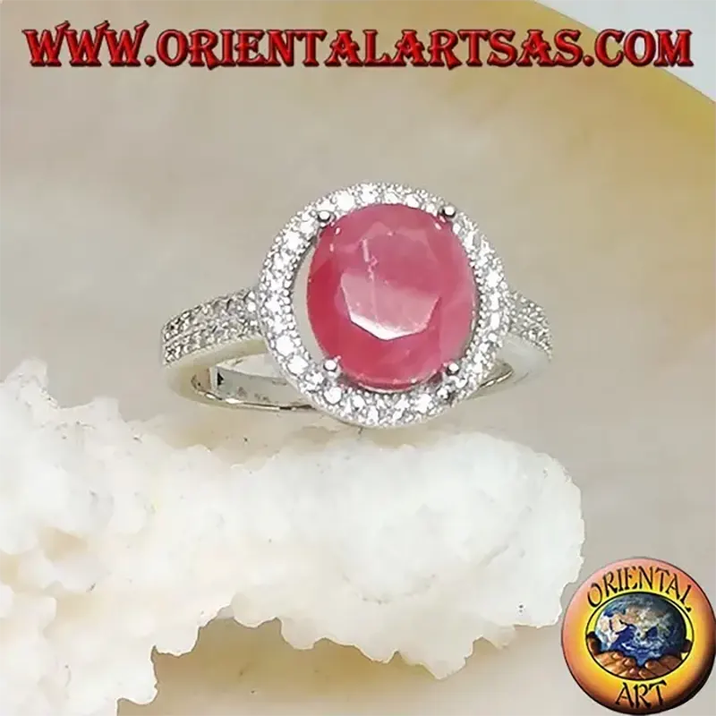 Anello Argento 925 con Rubino Tondo naturale e Zirconi