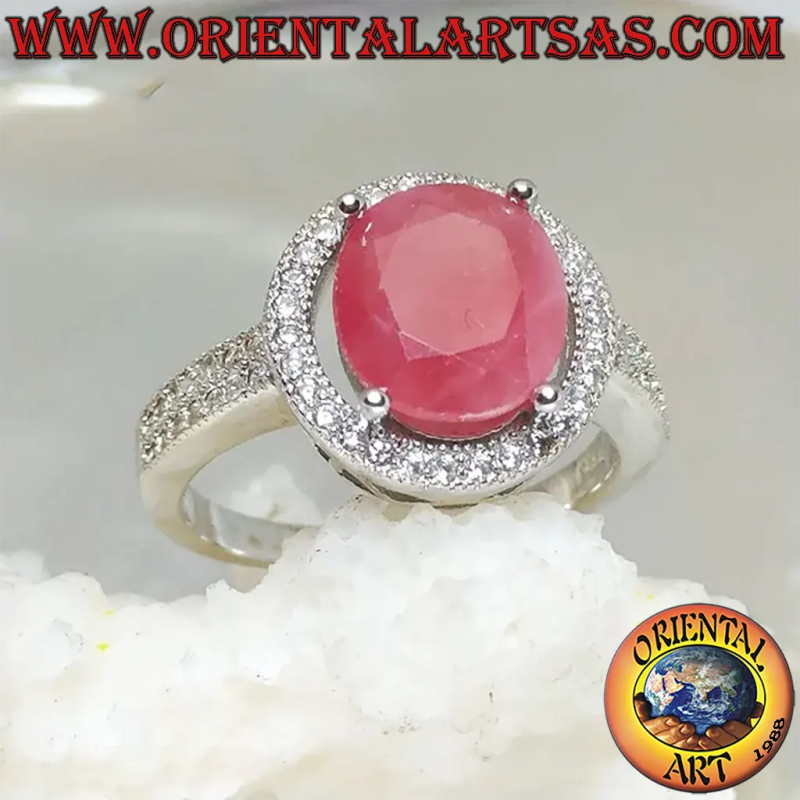 Bague Argent 925 avec Rubis naturel Rond et Zirconiums