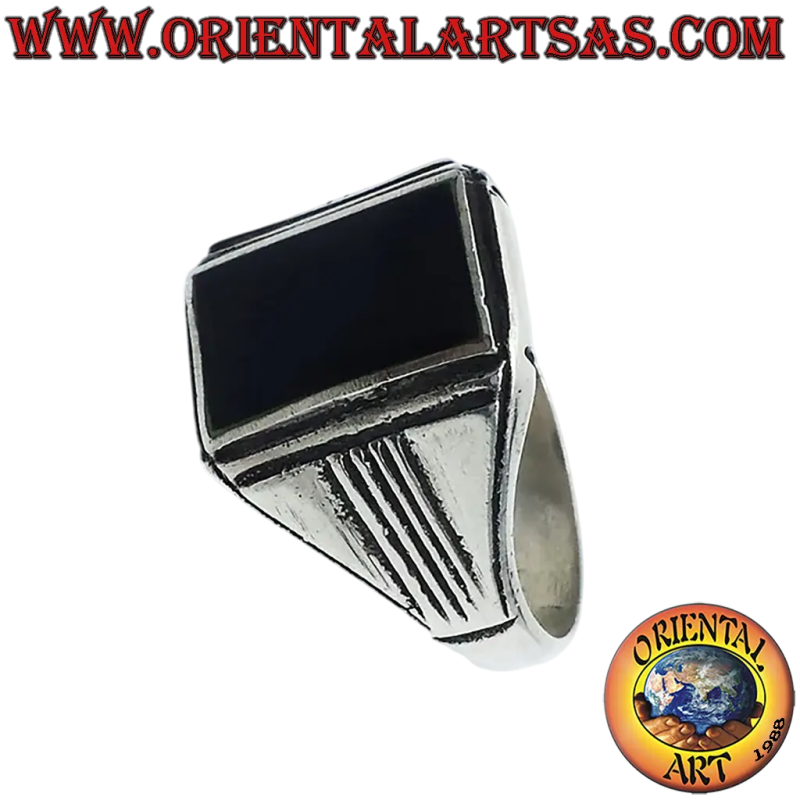 Anello Onice Nero Rettangolare Argento - Design Classico e Deciso