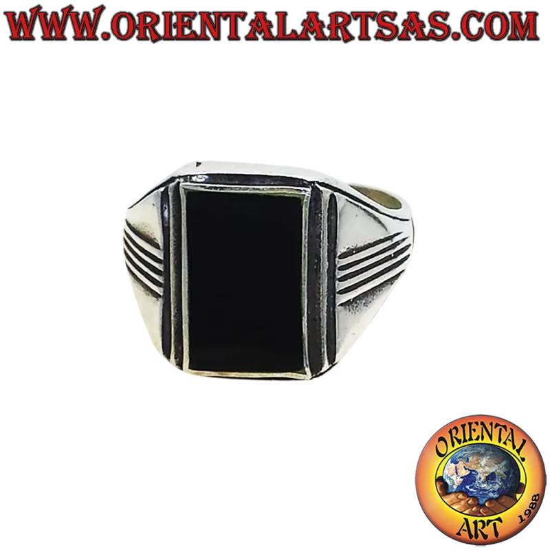 Anello Onice Nero Rettangolare Argento - Design Classico e Deciso