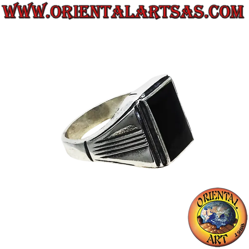 Black Onyx Rectangular Silver Ring - Modern Minimal Design
