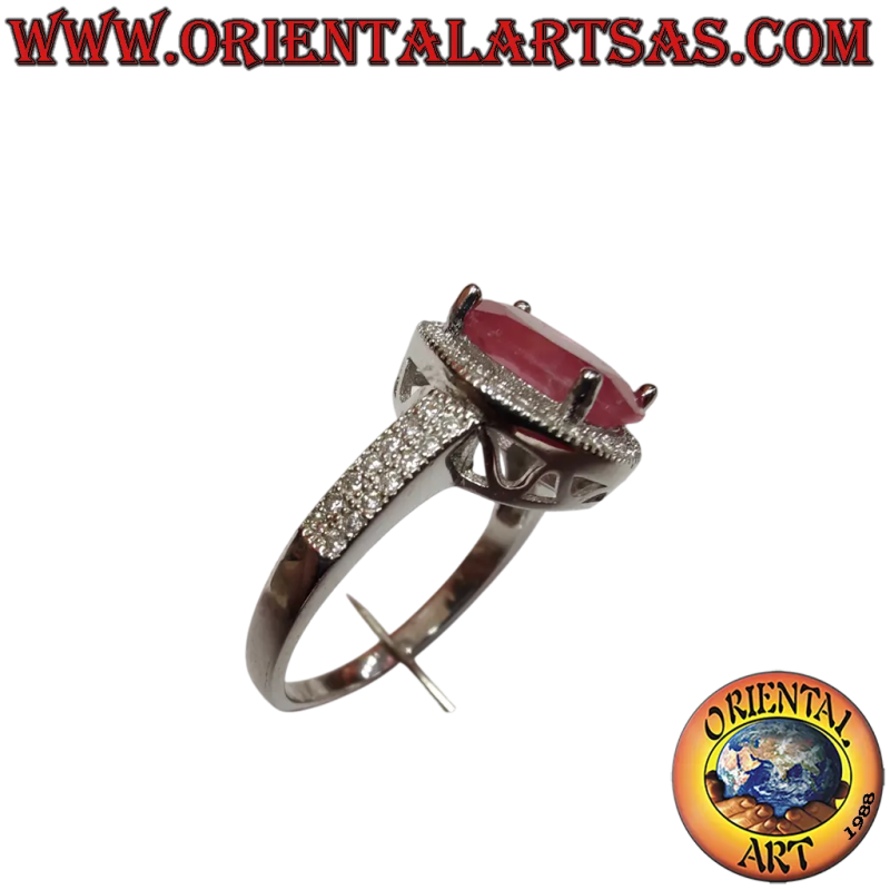 Anello Argento 925 Rubino Naturale Ovale Zirconi 4 Griffe