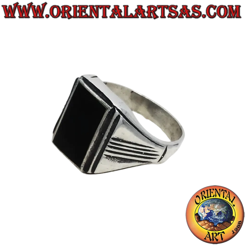Anello Onice Nero Rettangolare Argento - Design Classico e Deciso
