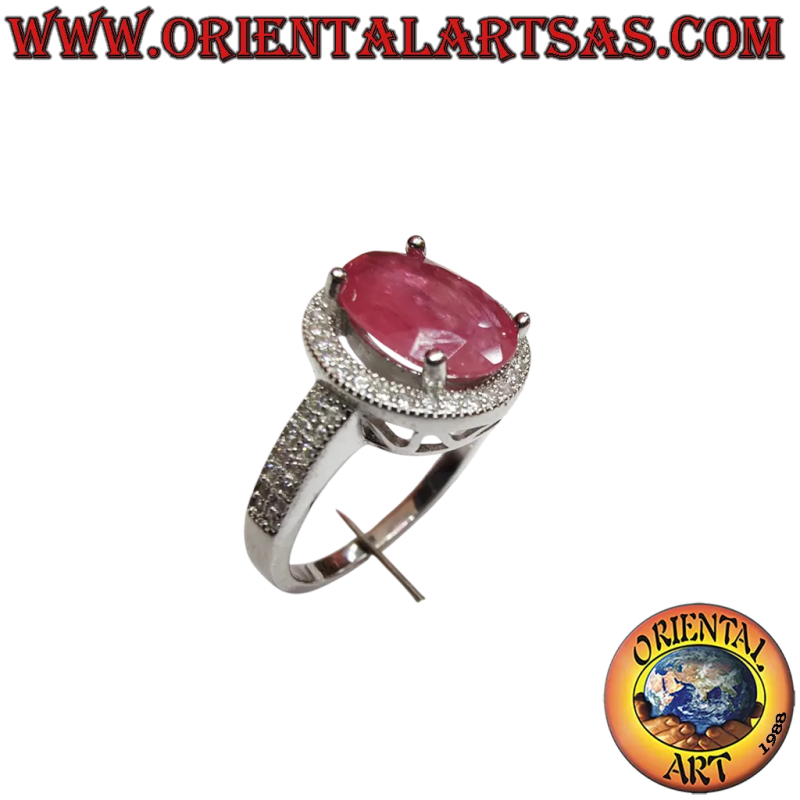 Bague Argent 925 Rubis Naturel Ovale Zircons 4 Griffes