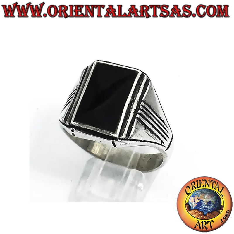 Anello Onice Nero Rettangolare Argento - Design Classico e Deciso