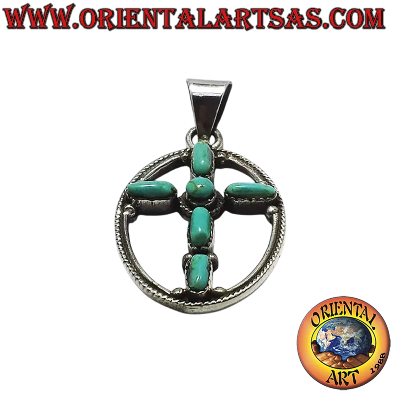 Colgante de plata 925 – Cruz con turquesas ovaladas y marco ovalado