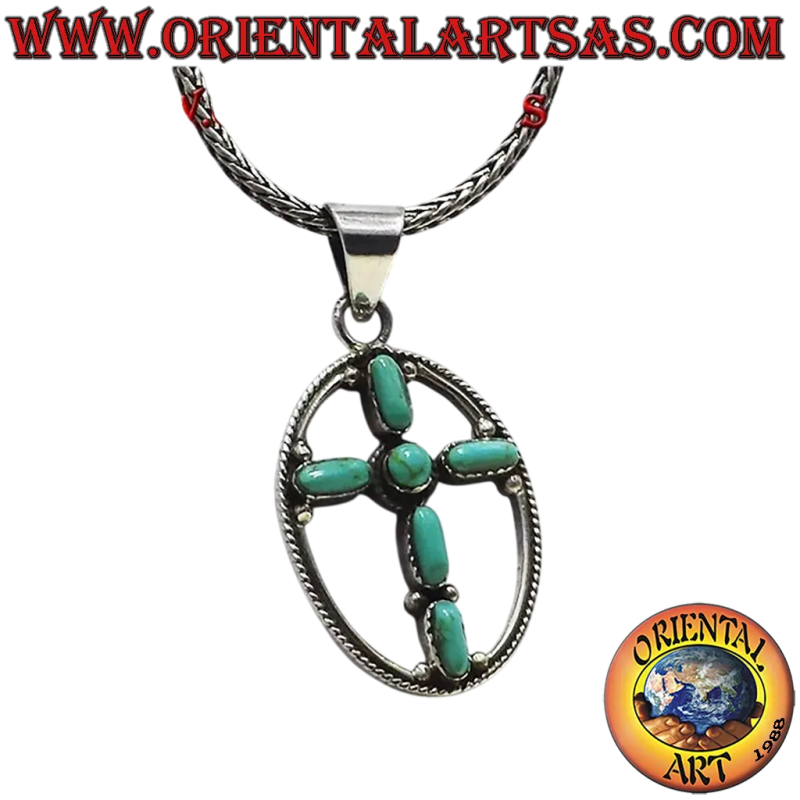 Ciondolo in Argento 925 – Croce con Turchesi Ovali con cornice ovale