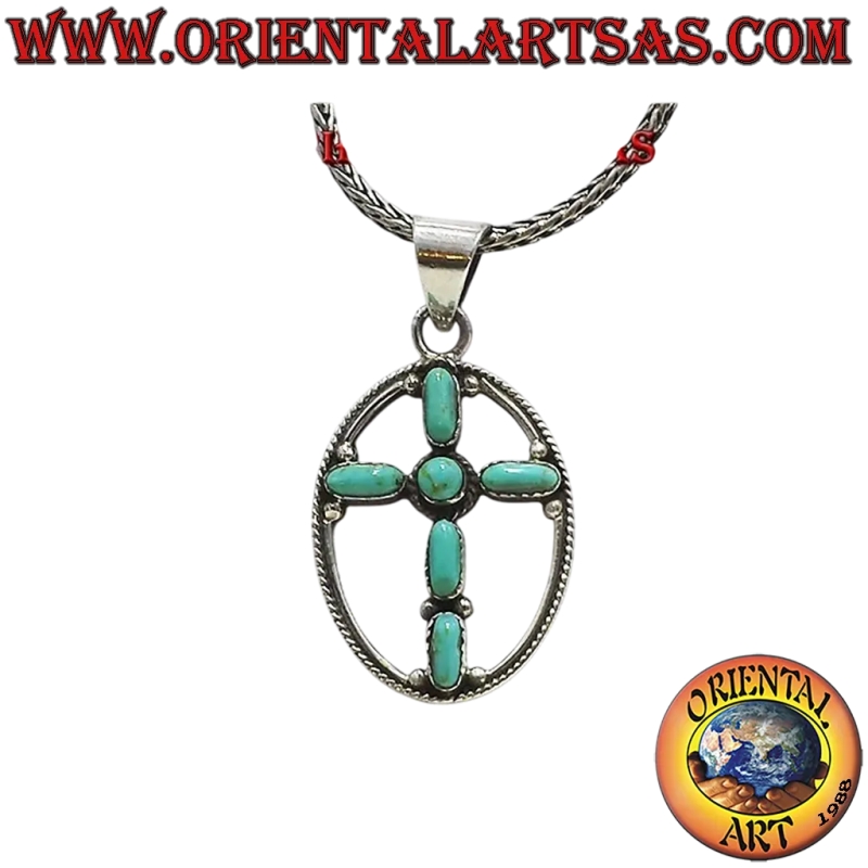 Colgante de plata 925 – Cruz con turquesas ovaladas y marco ovalado