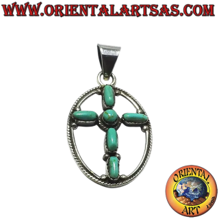 Ciondolo argento 925 croce 5 turchesi ovali 1 tondo treccia 30x20mm 4,8g