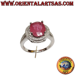 Anello argento 925 rubino naturale ovale 8x10mm zirconi 4 griffe 13mm 4,1g