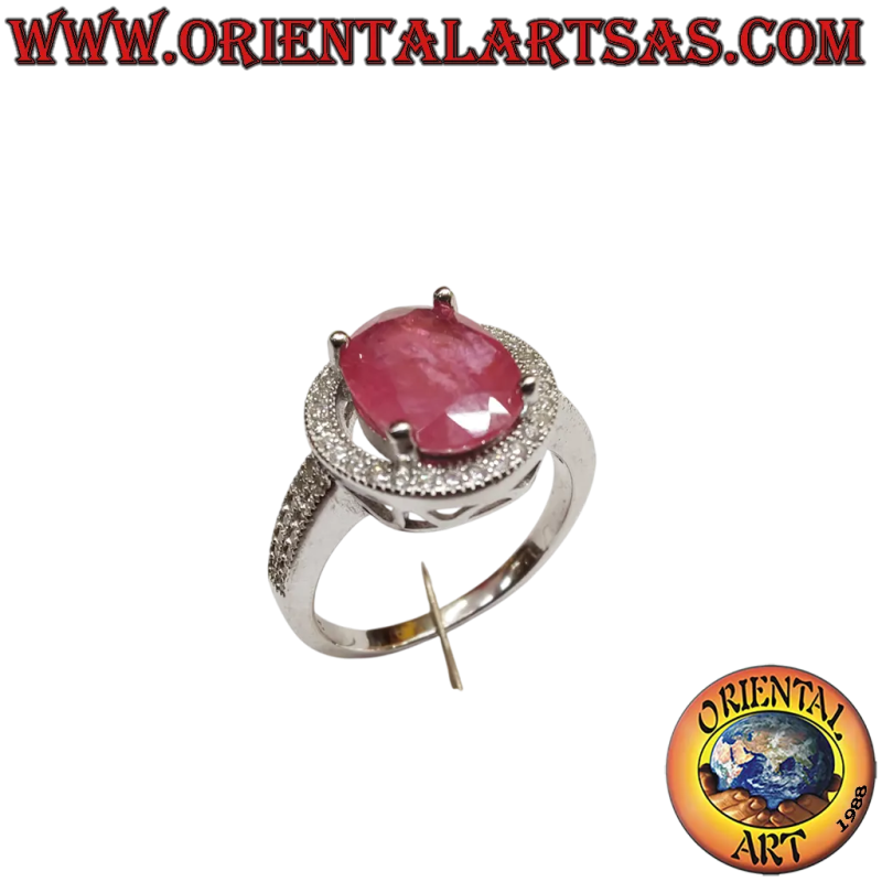 Bague Argent 925 Rubis Naturel Ovale Zircons 4 Griffes