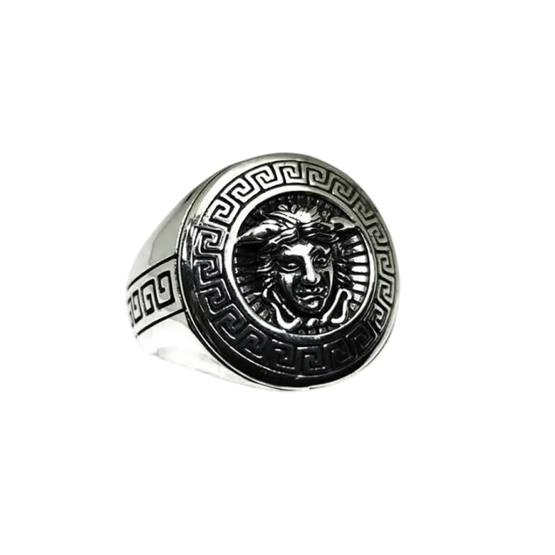 Anello in argento tondo liscio con stemma di "Versace" (la mitologica della testa della Medusa)
