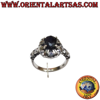 Anello in Argento 925 con Zaffiro Naturale Ovale e brillanti Zirconi