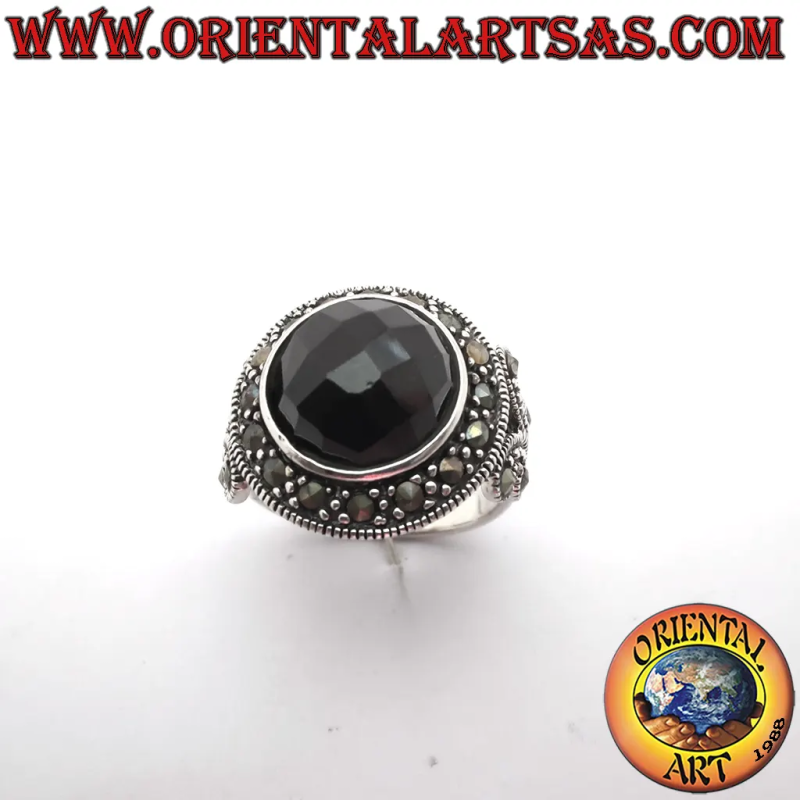Anello in Argento 925 con Onice Nera Tonda Sfaccettata e Marcassiti