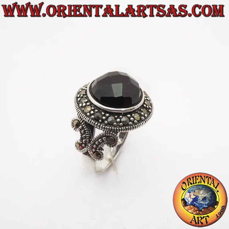 925 Silberring  mit rund facettiertem schwarzem Onyx und Markasiten