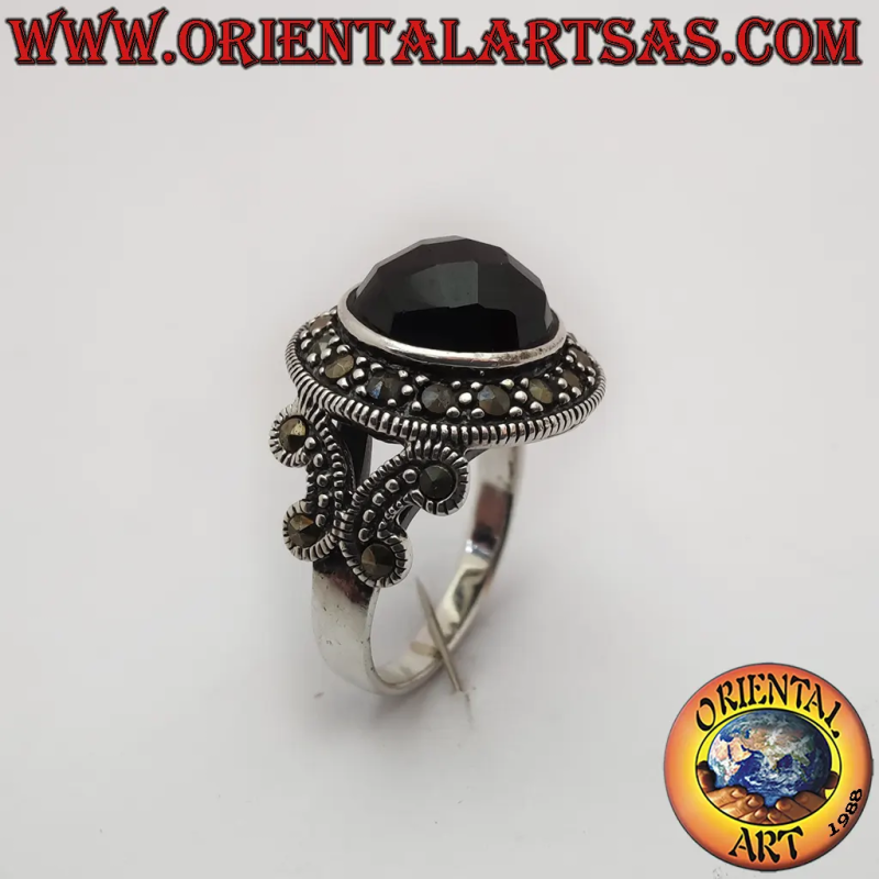 Anello in Argento 925 con Onice Nera Tonda Sfaccettata e Marcassiti