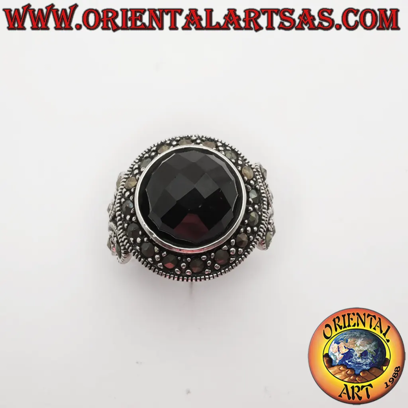 925 Silver Ring with Round Faceted Black Onyx and Marcasites
