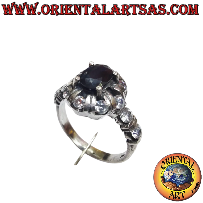 Bague en argent 925 avec saphir ovale naturel et zircone brillante