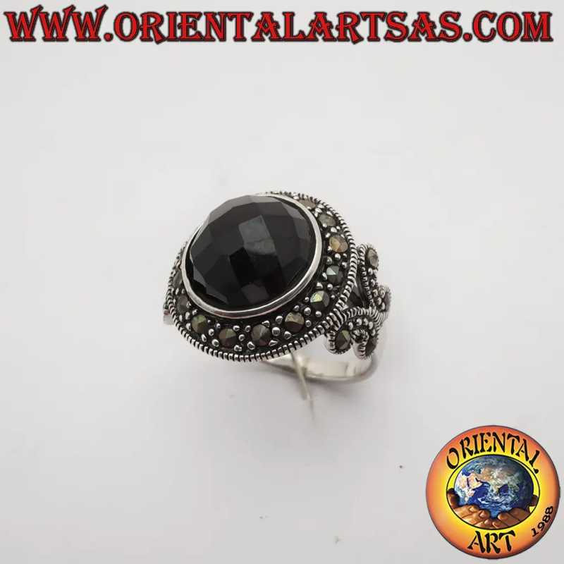 925 Silver Ring with Round Faceted Black Onyx and Marcasites