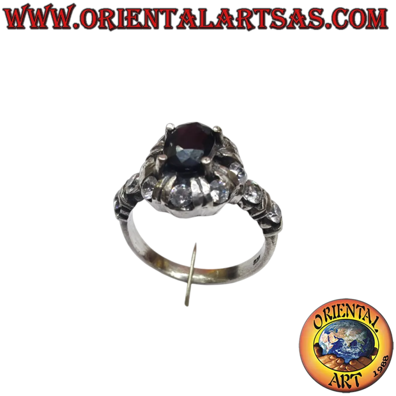 Bague en argent 925 avec saphir ovale naturel et zircone brillante