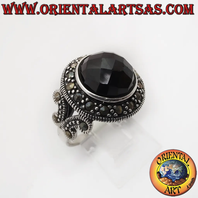 Bague  argent 925 ornée d'onyx noir rond à facettes et de marcassites