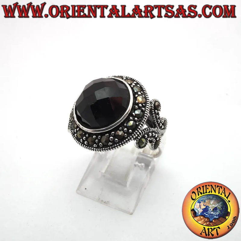 Anello in Argento 925 con Onice Nera Tonda Sfaccettata e Marcassiti