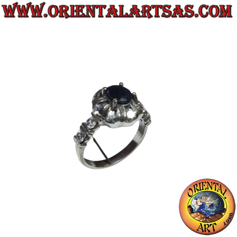 Bague en argent 925 avec saphir ovale naturel et zircone brillante
