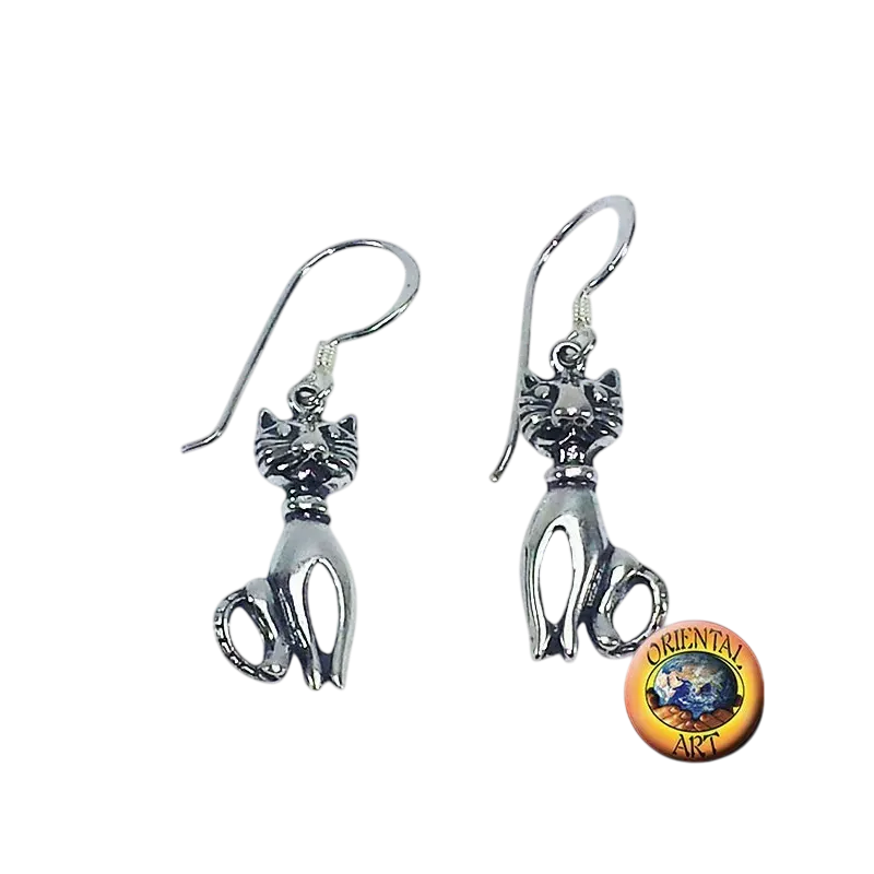 925 Silver Smart Cat Drop Earrings with Whiskers	Oriental Art