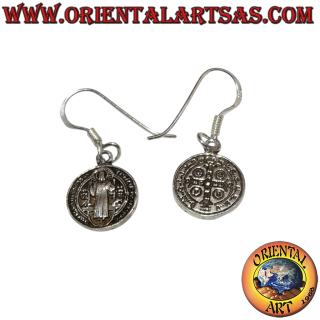Boucles d'oreilles pendantes en argent 925 bruni avec médaille de Saint Benoît et croix d'exorcisme