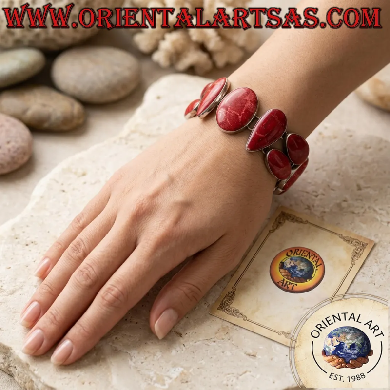 Bracciale in argento 925 ‰ con 10 madrepore rosse (corallo) multiforme