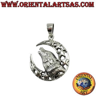 Colgante redondo para collar en plata 925 con lobo aullando dentro de una luna creciente con estrellas