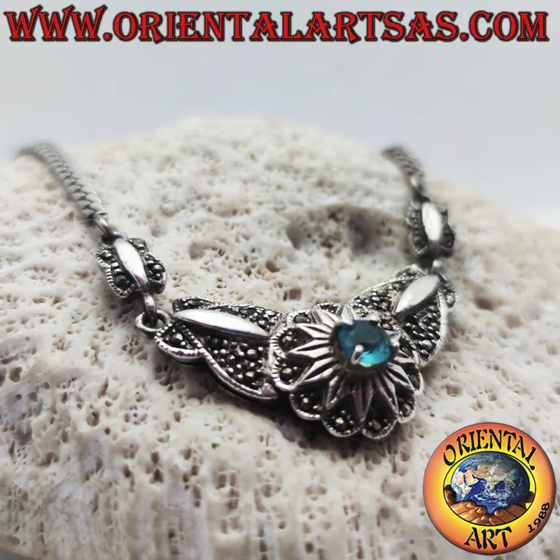 Collana in Argento 925 Stile Art Déco Fiore Topazio Blu e Marcasite