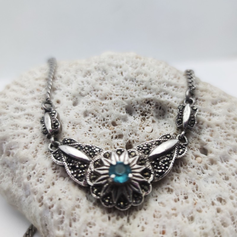 Collier 925 Silber Blauer Topas Markasit Art Déco