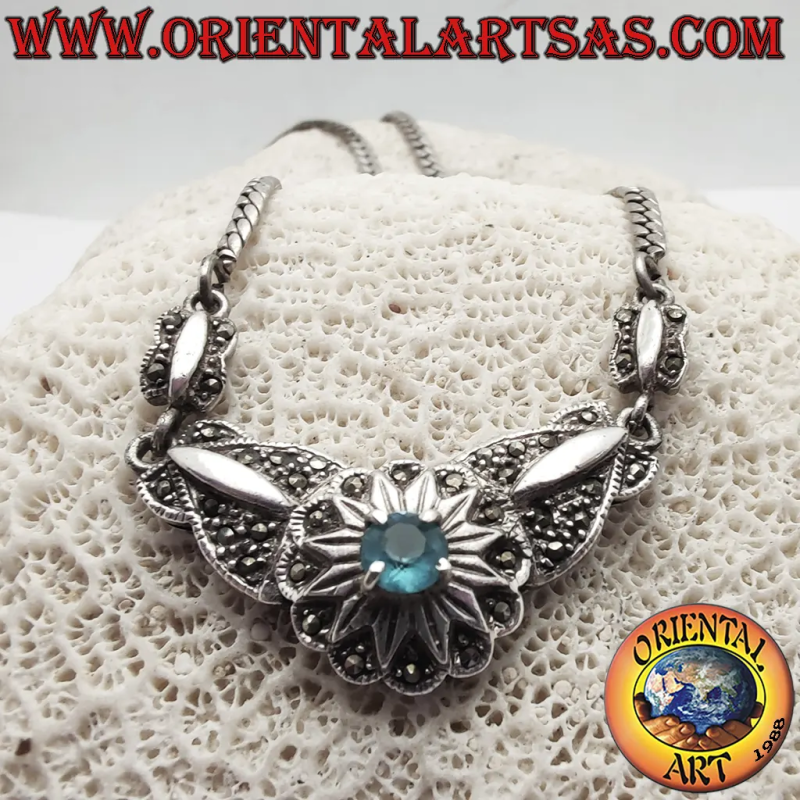 Collier Argent 925 Art Déco Fleur Topaze Bleue	Oriental Art