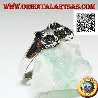 925 sterling silver ring featuring a pair of side-by-side sculpted cat heads in oxidized finish