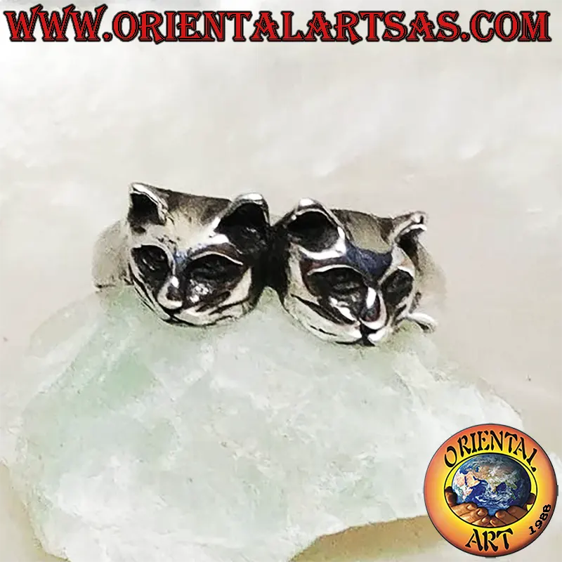 Anillo Plata 925 Pareja de Gatos Cabezas Adosadas	Oriental Art