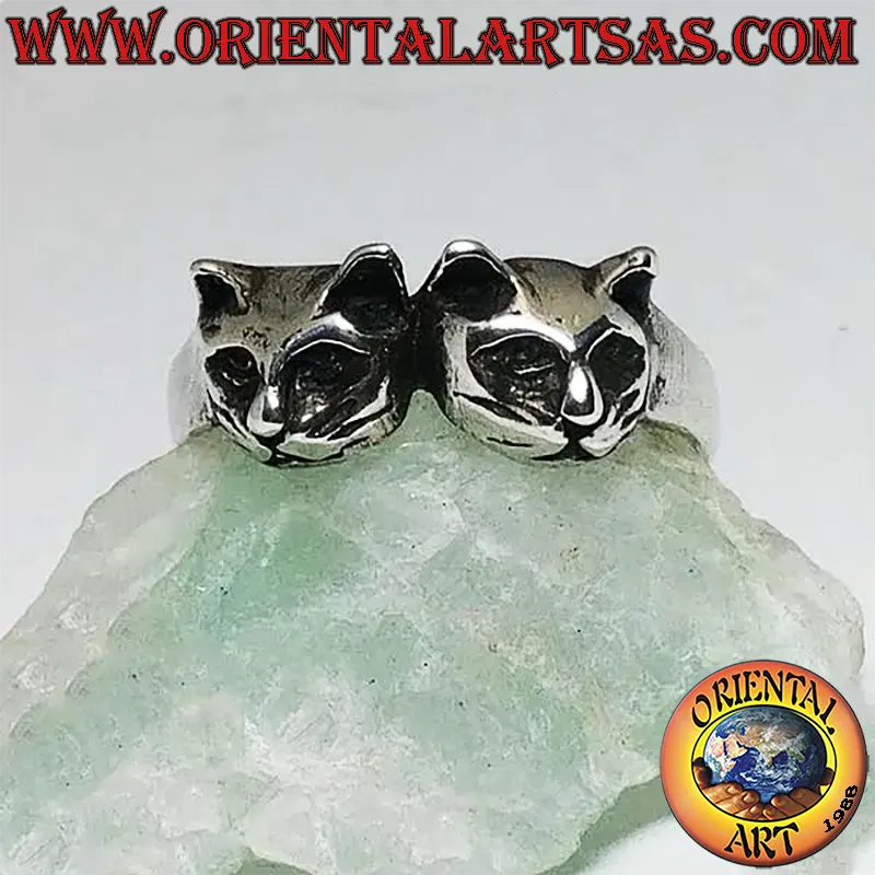 Anillo Plata 925 Pareja de Gatos Cabezas Adosadas	Oriental Art