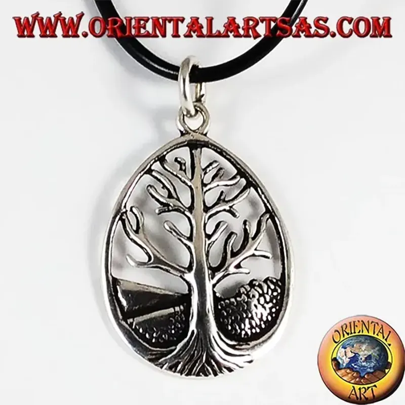 Large oval 925 sterling silver Yggdrasil Tree of Life pendant with oxidized background