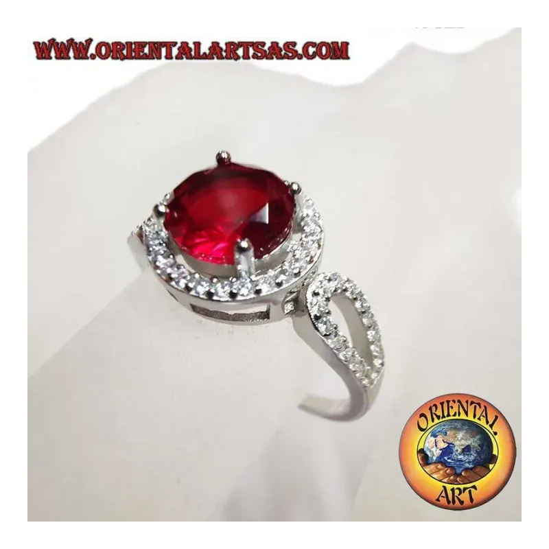 Anello Argento 925 Granato Tondo 7 mm e Zirconi Halo