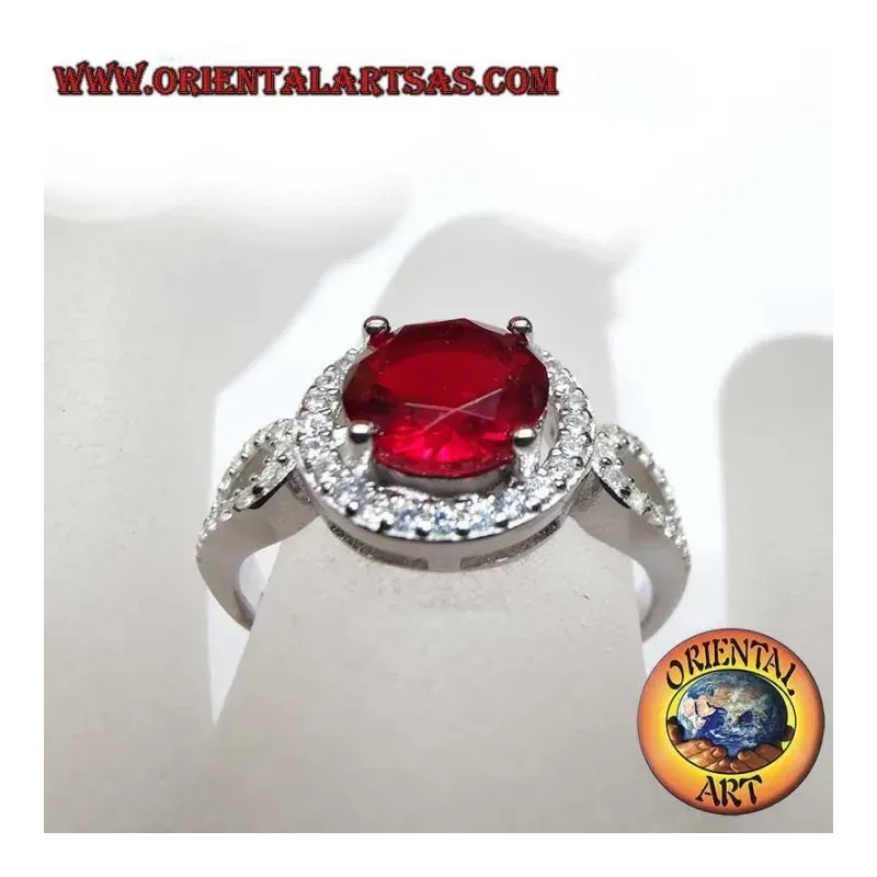 Bague Argent 925 Grenat Rond 7 mm Zirconiums Halo