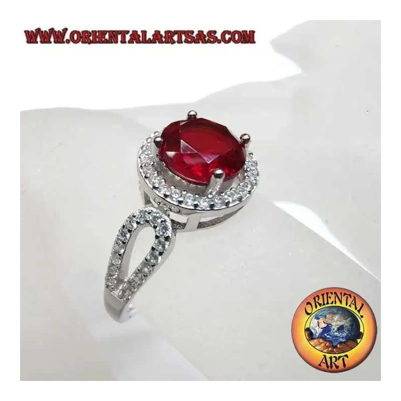 Bague en argent 925 avec grenat naturel rond, entourage de zirconiums et anneau divisé orné