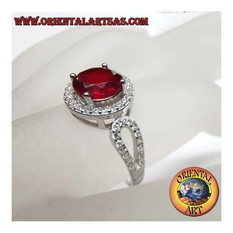 Ring 925 Silber Granat Rund 7 mm Zirkonia Entourage