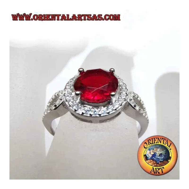 Anello Argento 925 Granato Tondo 7 mm e Zirconi Halo