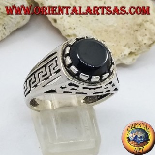 925 sterling silver ring featuring an 8mm flat round black onyx and cut-out Greek key sides